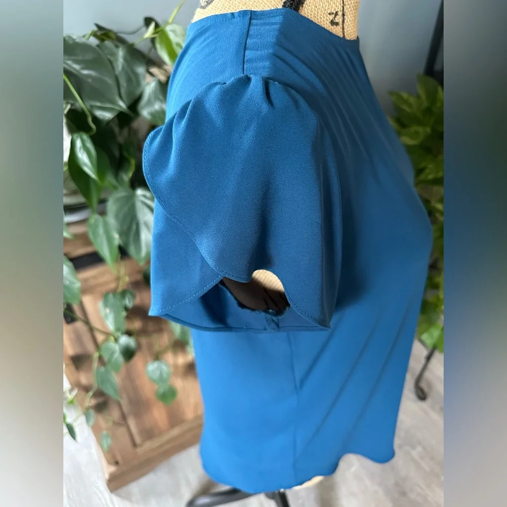 LOFT Dark Teal Button Back Blouse with Tulip Sleeves. - Picture 2 of 4